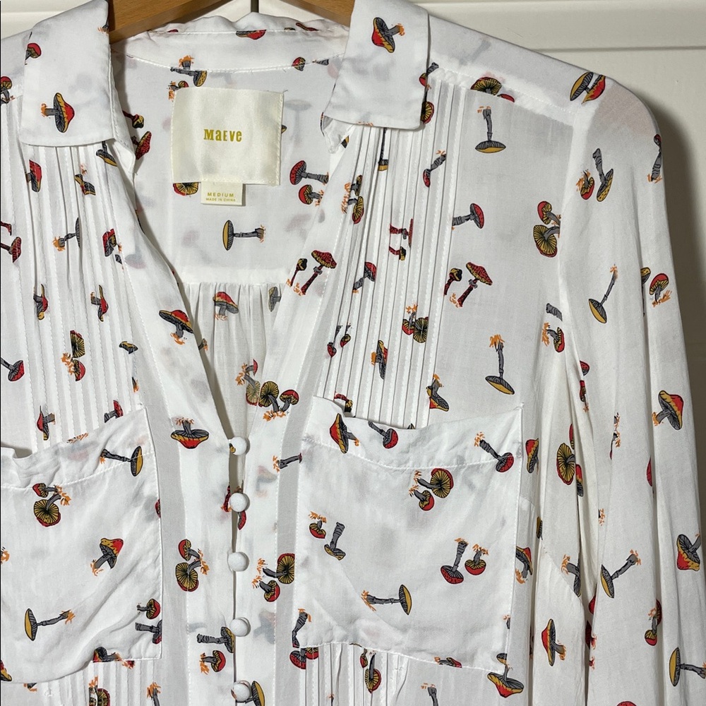 Anthropologie / Maeve White Button-Down Blouse with Mushroom Print